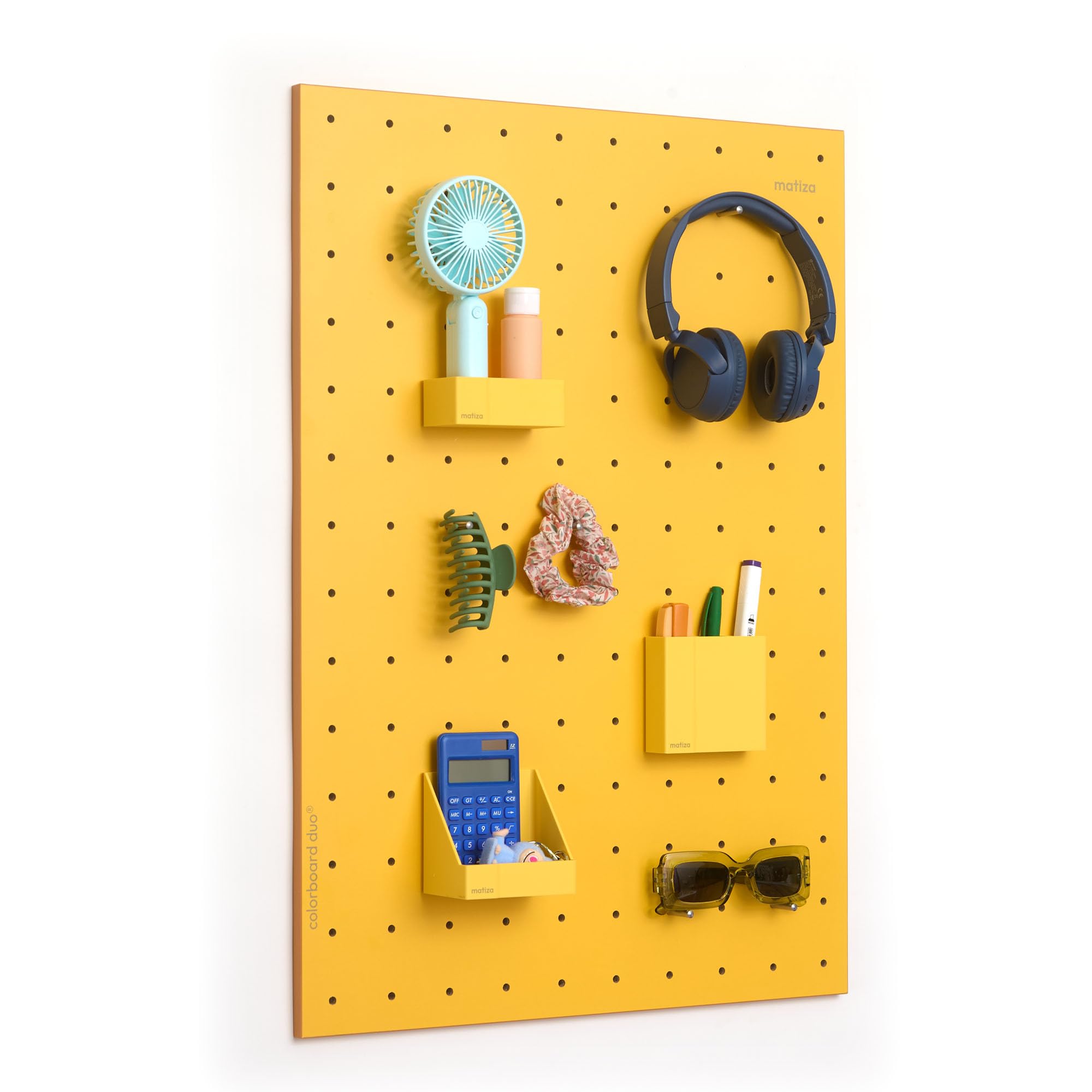 Perforated Wall Board, pegboard, Desk Organizer, Tool Panel, Perforated Panel, Matiza (50 cm x 70 cm, Lavender, Biscuit, Blue, Yellow) - with Boxes Accessories Basic Kit (Yellow)