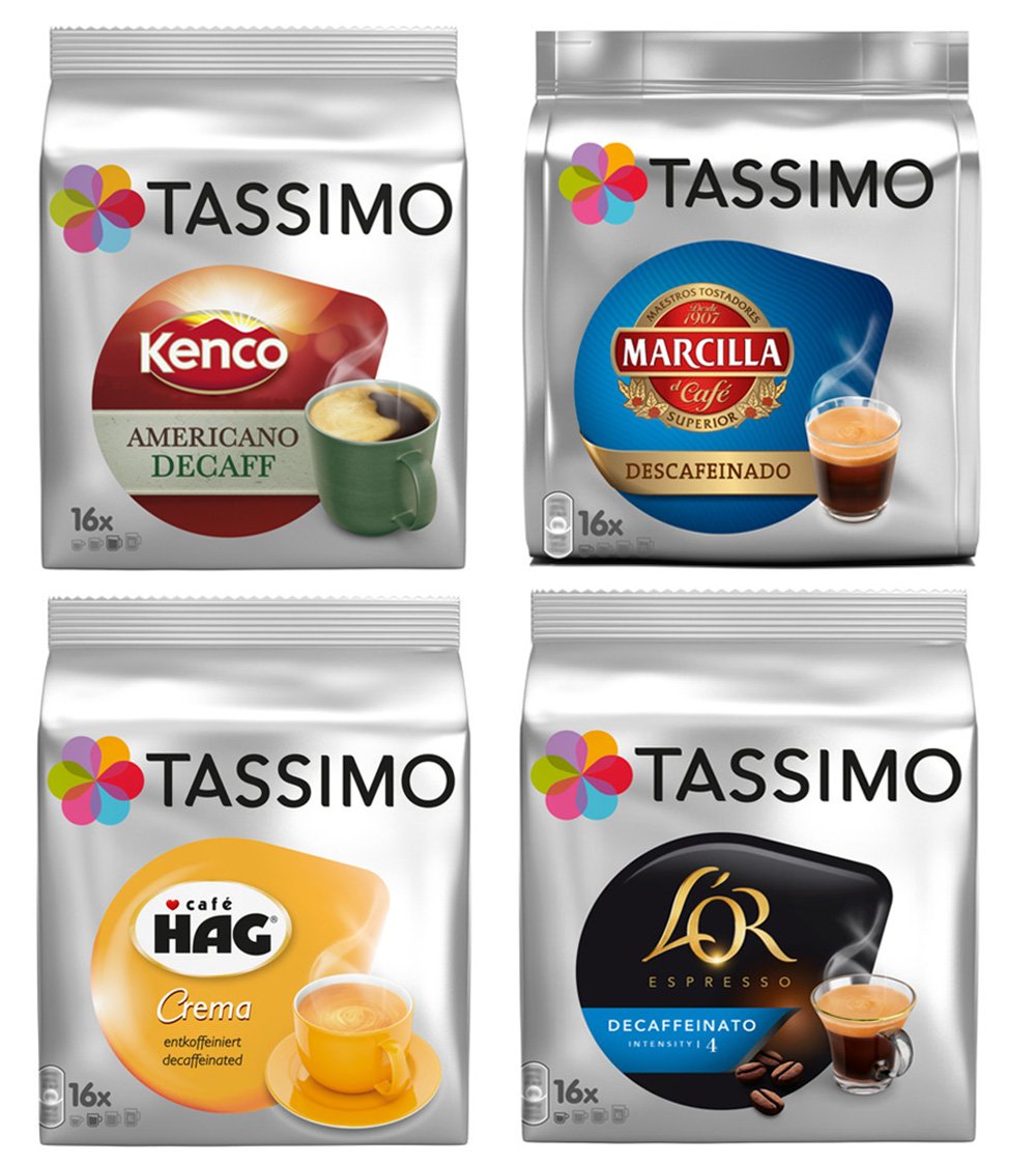 Tassimo 4 Decaf Lovers Bundle - 1 x Kenco Americano Decaf, Cafe HAG Crema, LOR Espresso Decaf, Marcilla Espresso Decaf (All 4 Decaffeinated Variety- 64 Servings)