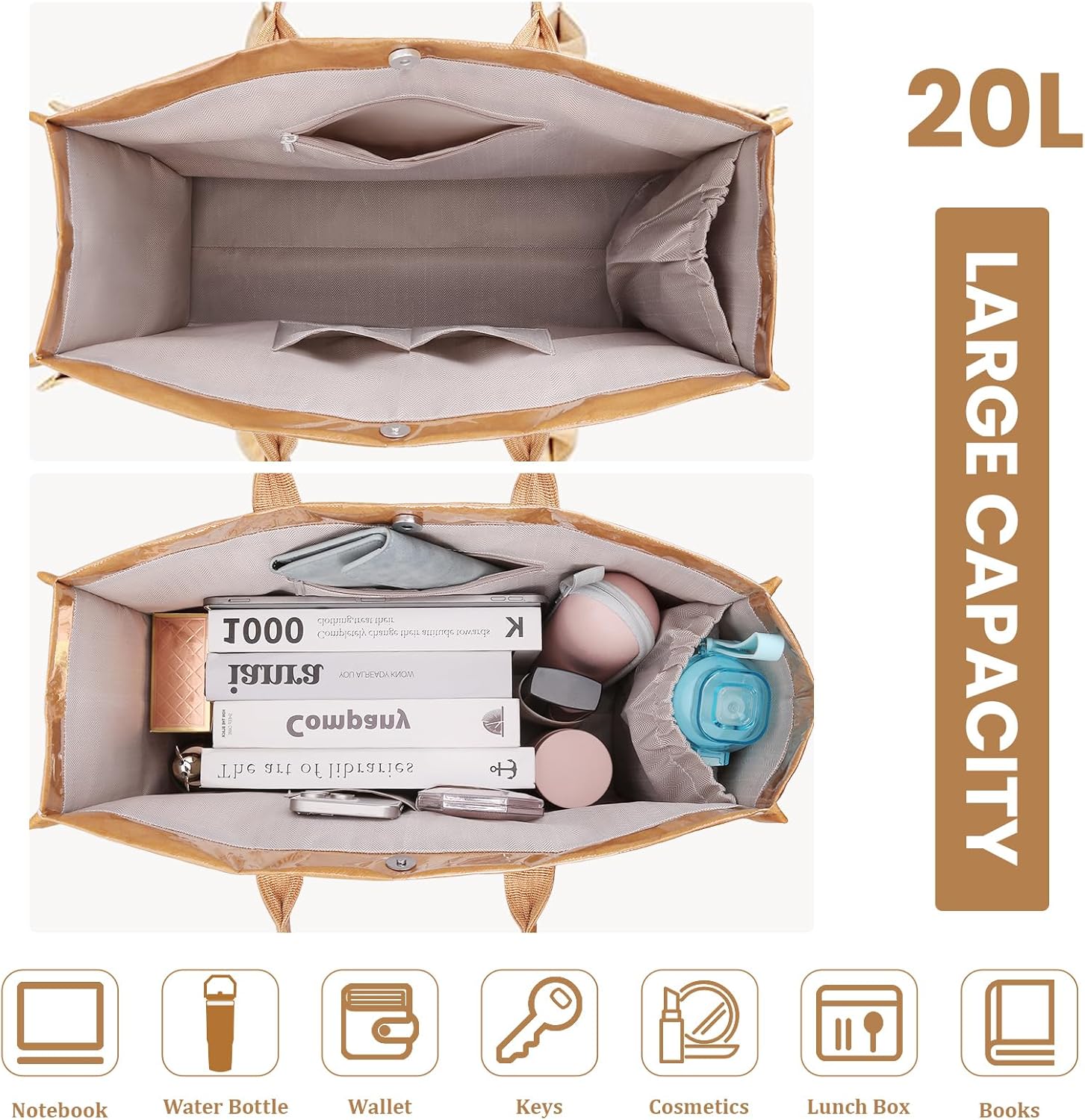 Lushandy PVC Tote Bag for Women, Large Plastic Tote Purse Work Kraft Paper Letter Print Shoulder Bag Carry All Hobo Handbag - Image 4