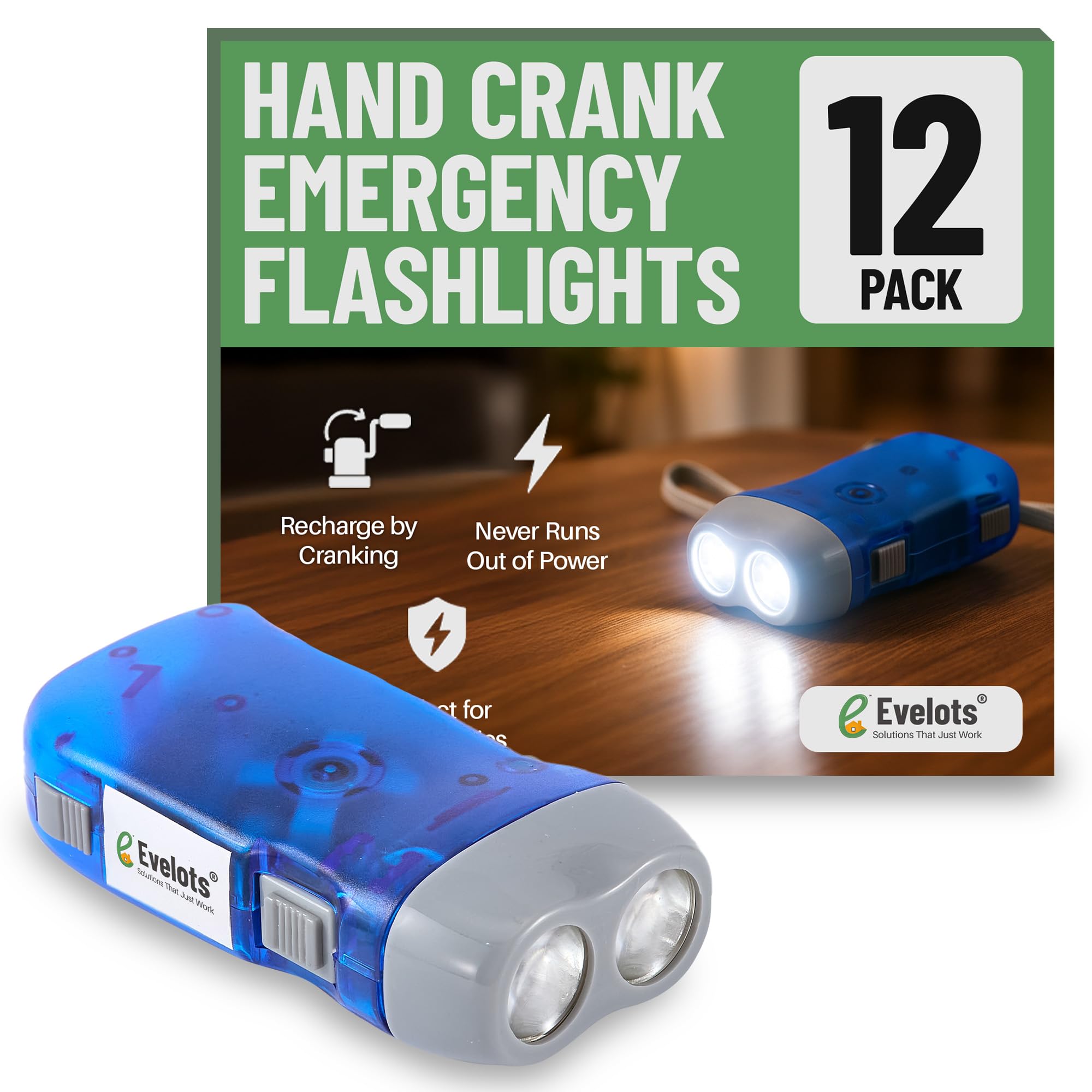 Evelots Hand Crank Emergency Flashlights -12 Pack- Camping, Home, Car - Double LED Bright Lights - Great for Hiking, Outdoor Sports, Power Outage Easy