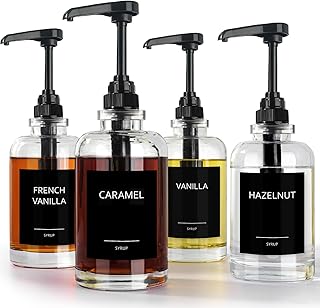 GMISUN Coffee Syrup Dispenser for Coffee Bar, 4 Pack Syrup Pump Dispenser with 1/4oz Large Capacity Pump, Coffee Syrup Bottles for Coffee Syrup, Glass Syrup Dispenser Bottle for Syrup, Organizer