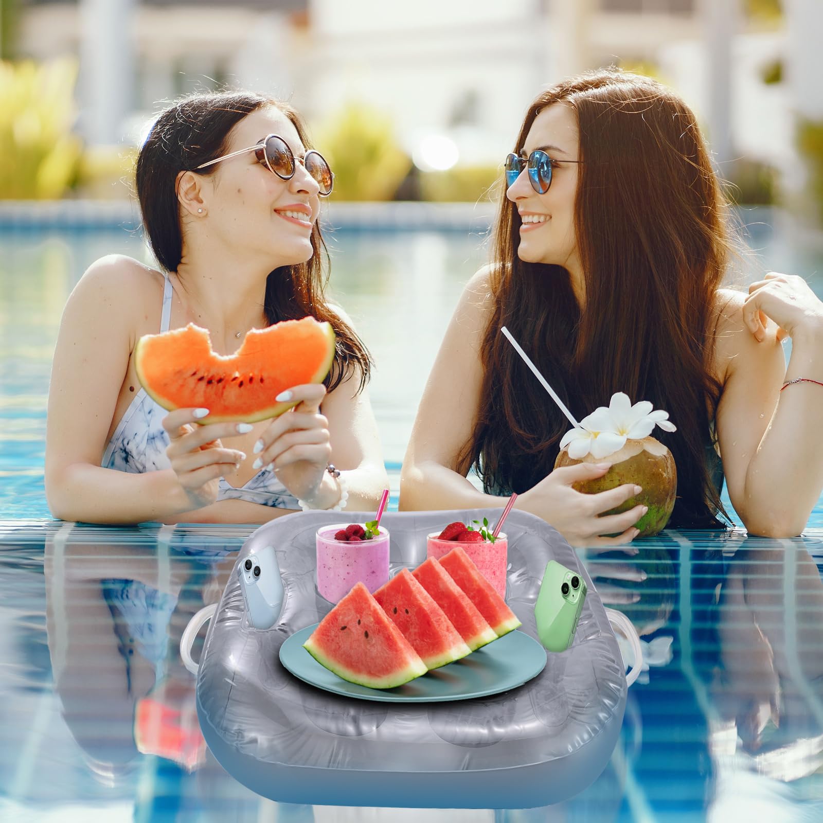 Bandeja Flotante Inflable De 6 Agujeros Para Piscina, Soporte Para Bebidas Y Frutas, Con Compartimento Para Móvil