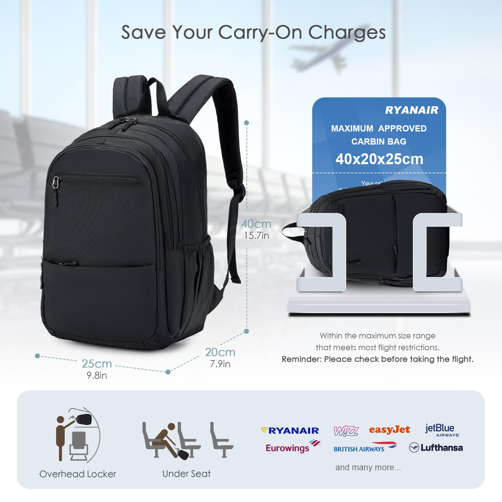 SPAHER Wizzair Cabin Bags 40x30x20 Lightweight Travel Backpack Waterproof Outdoor Sports Camping Cycling Mountaineering Hiking Casual Daypack 25L Rucksack Underseat Bag for Men Women Black - Image 3