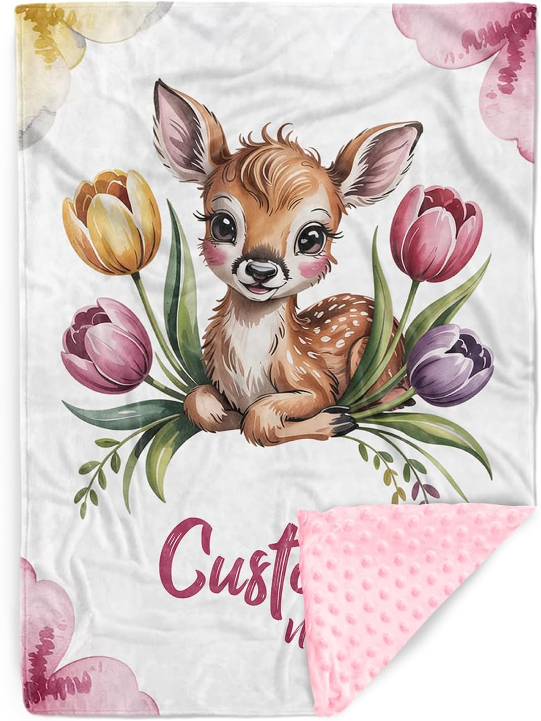 Personalized Baby Blankets with Name – Custom Sika Deer Baby Blanket for Girls, Flowers Pattern Infant Blankets with Soft Dotted Back, Nursery Bedding, Newborn Shower Gift