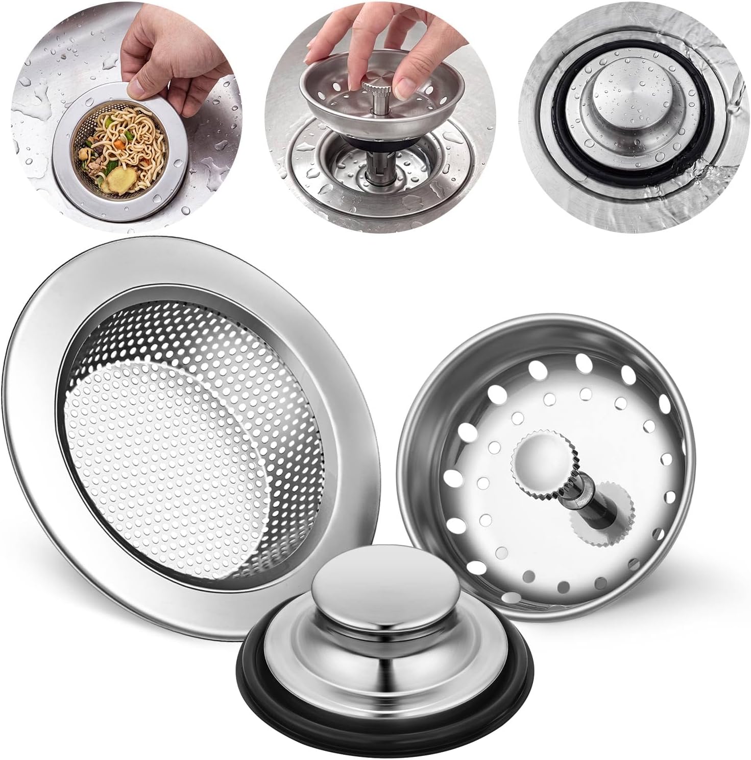 Mudder 3 Pcs Sink Plug Stopper Disposal Drain Strainer,Silver | Stainless Steel, Universal Fit for Kitchen Drains, Anti-clogging Mesh Basket, Strainer and Plug Stoppers for Garbage Disposal