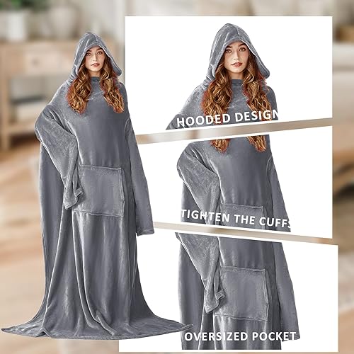 Miniatura 4 de L'AGRATY Manta de forro polar con mangas, bolsillo y sombrero, manta funcional extra larga, cálida, suave y acogedora, regalos para mujeres, novia,