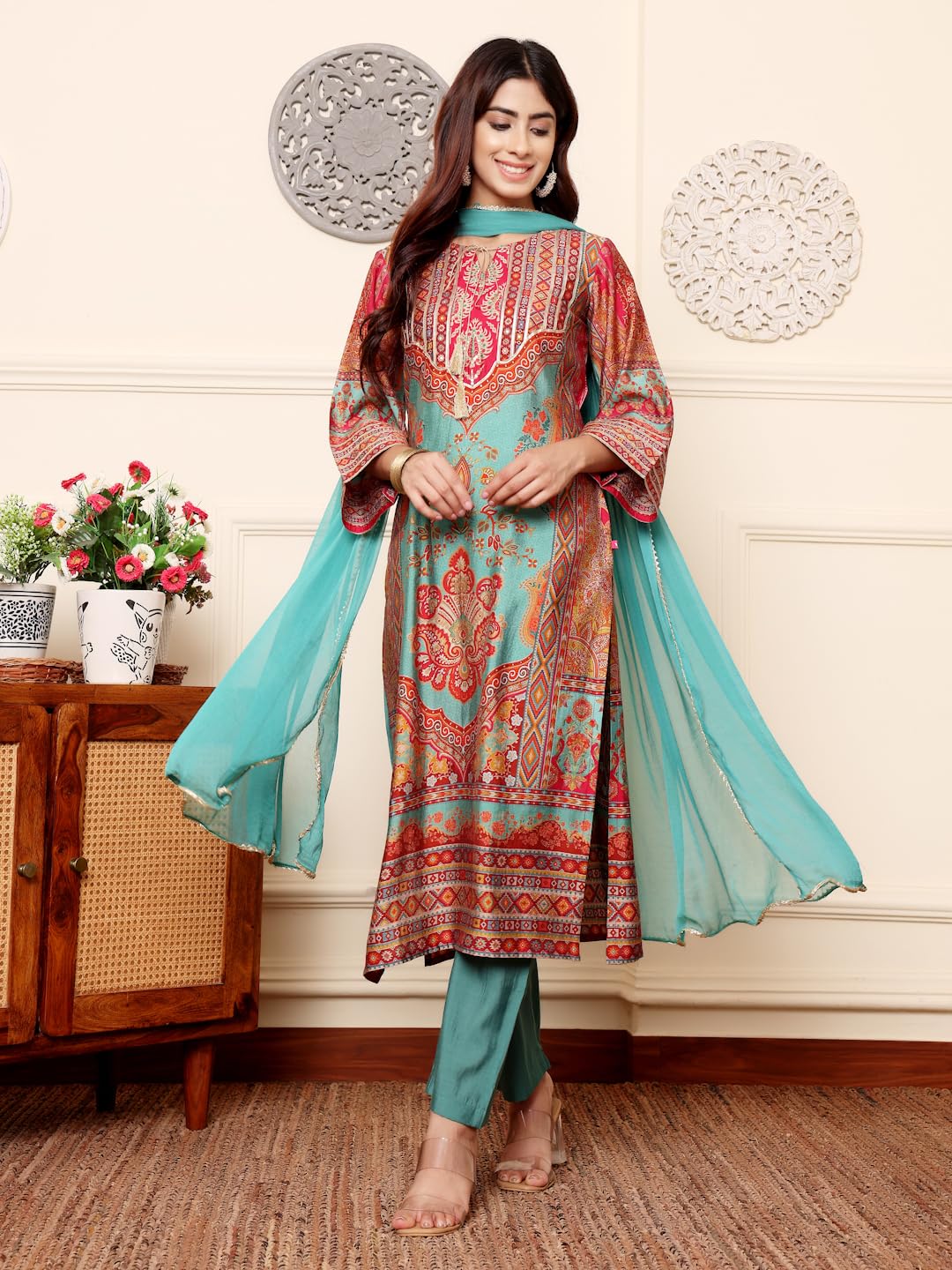 Varanga Women Turkish Ethnic Printed Zari & Gota Lace Detailed Kurta With Solid Trouser & Dupatta  Elegant Ethnic Set