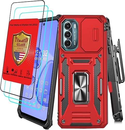 Funda para Motorola Moto G Stylus 5G 2022 con protector de pantalla, clip para cinturón, grado militar, funda deslizante para cámara compatible con