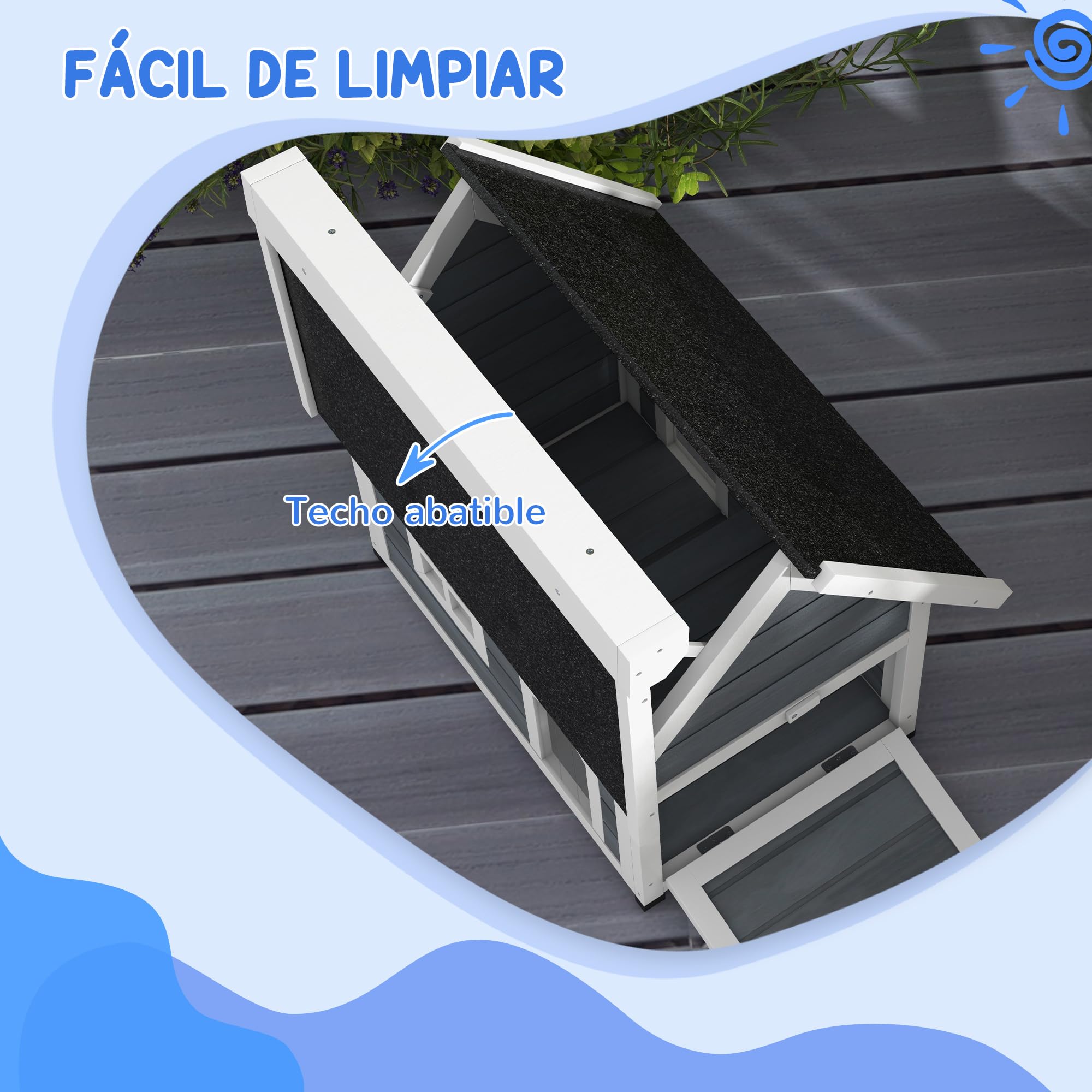 PawHut Casa para Gatos de Madera con Techo Asfáltico Abatible, Ventana y Puertas con Cortina, 77x57,5x68 cm Gris y Negro