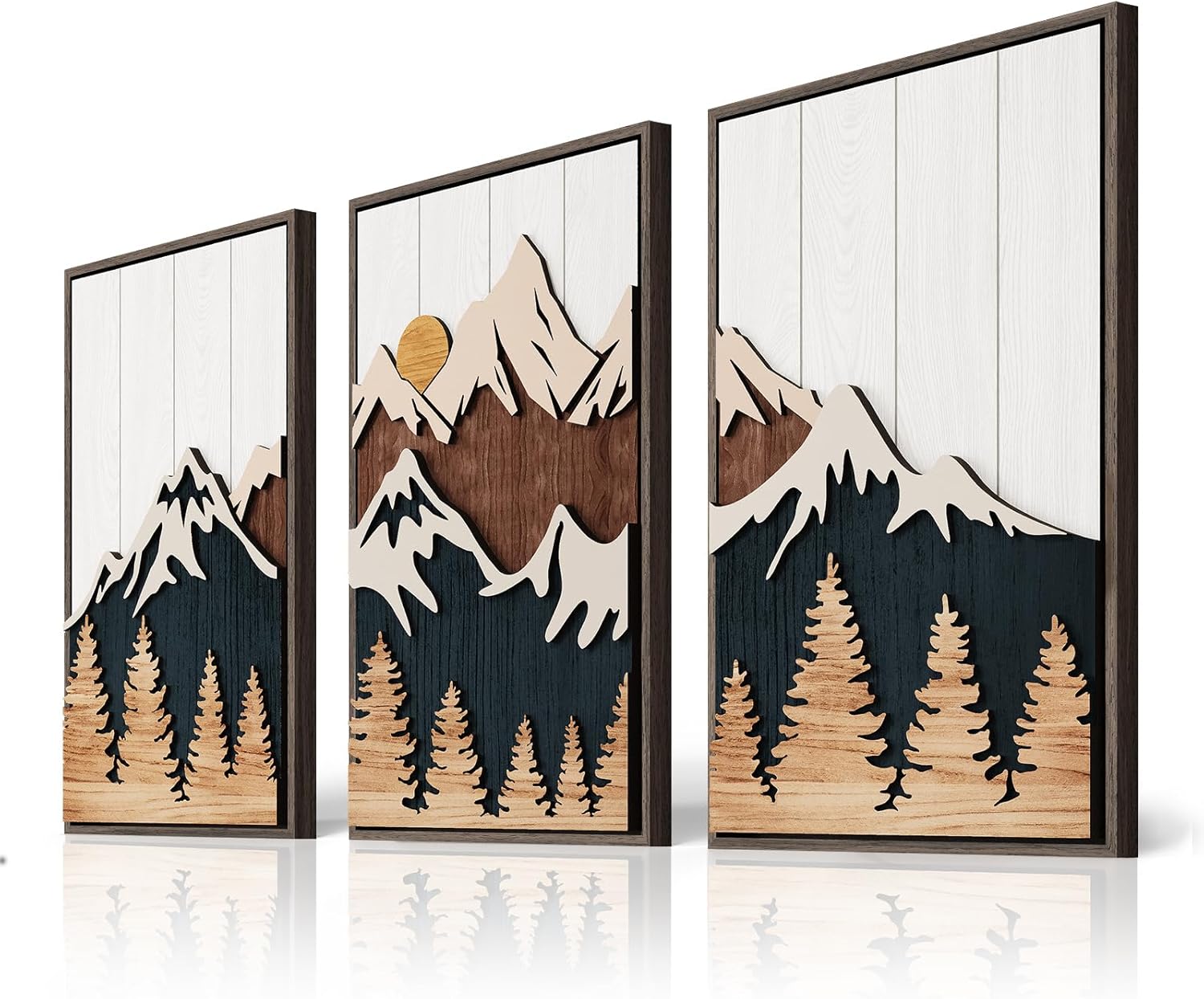 Framed Textured Wood Mountain Wall Art for Living Room, Large 3 Piece 3D Wood Farmhouse Artwork for Walls, Boho Landscape Mountain Forest Sun Wall Art Decor for Bedroom Office Hallway, 24x36 Inch