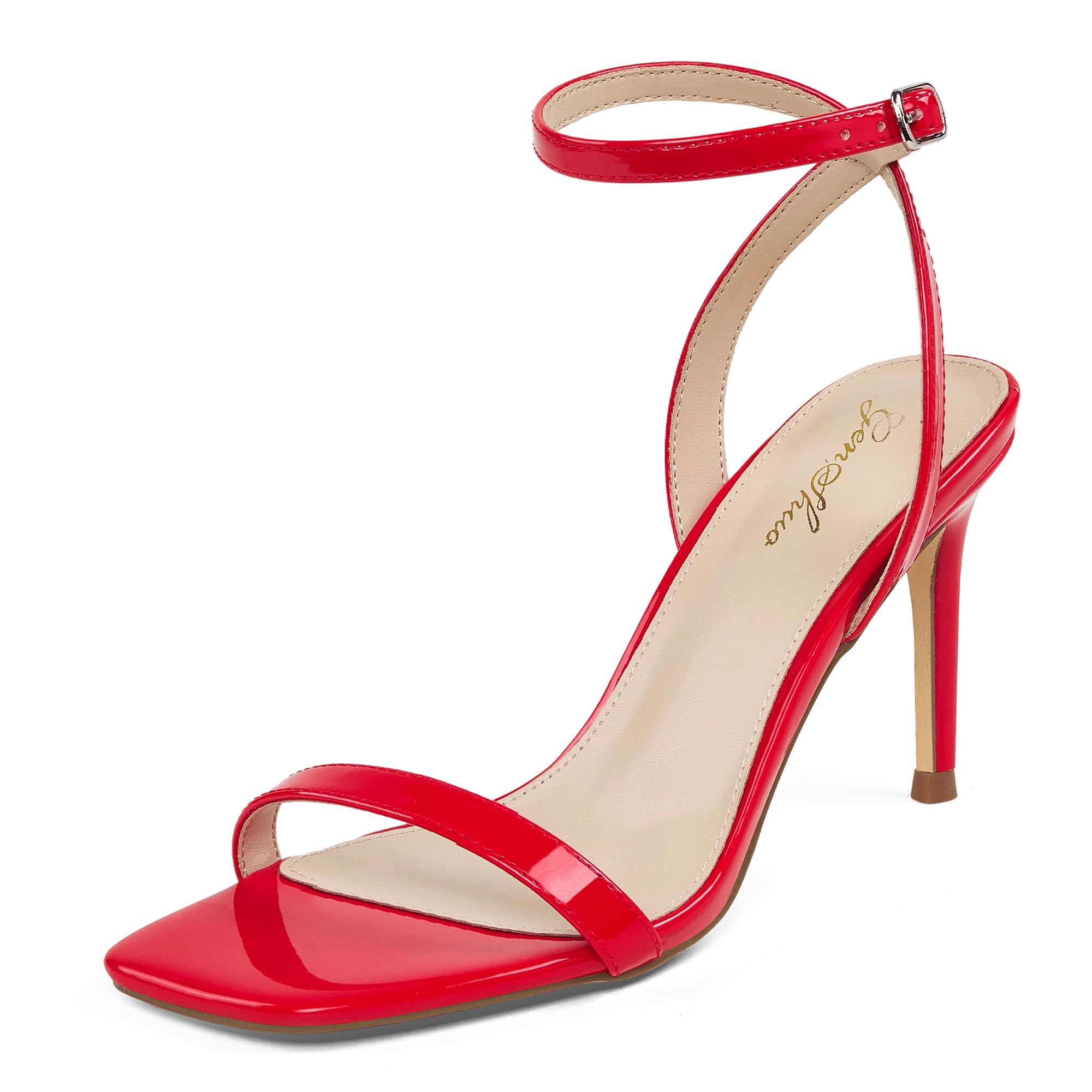 GENSHUO Damen Stiletto-Sandalen, 10 cm Absatz, offener quadratischer Zehenbereich, Knöchelriemen, High Heels für Tanz, Hochzeit, Party