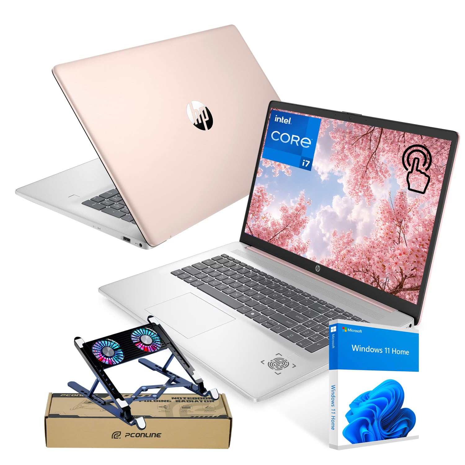 HP 17.3" Touchscreen Laptop, Intel Core i7-1355U, Pale Rose Gold, 16GB RAM, 1TB SSD, Webcam, Backlit Keyboard, Fingerprint Reader, Wi-Fi 6, Windows 11 Home, Bundle with PCO Laptop Cooler