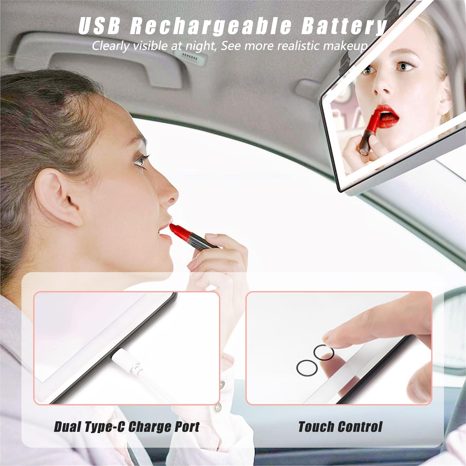 WONDER POINT Car Sun Visor Vanity Mirror, 2 Pcs Makeup Mirror with 3 Color Led Light, Rechargeable Car Mirror with Dimmable Touch Screen, Rear View Sun-Shading Travel Cosmetic Mirror for Car Truck SUV