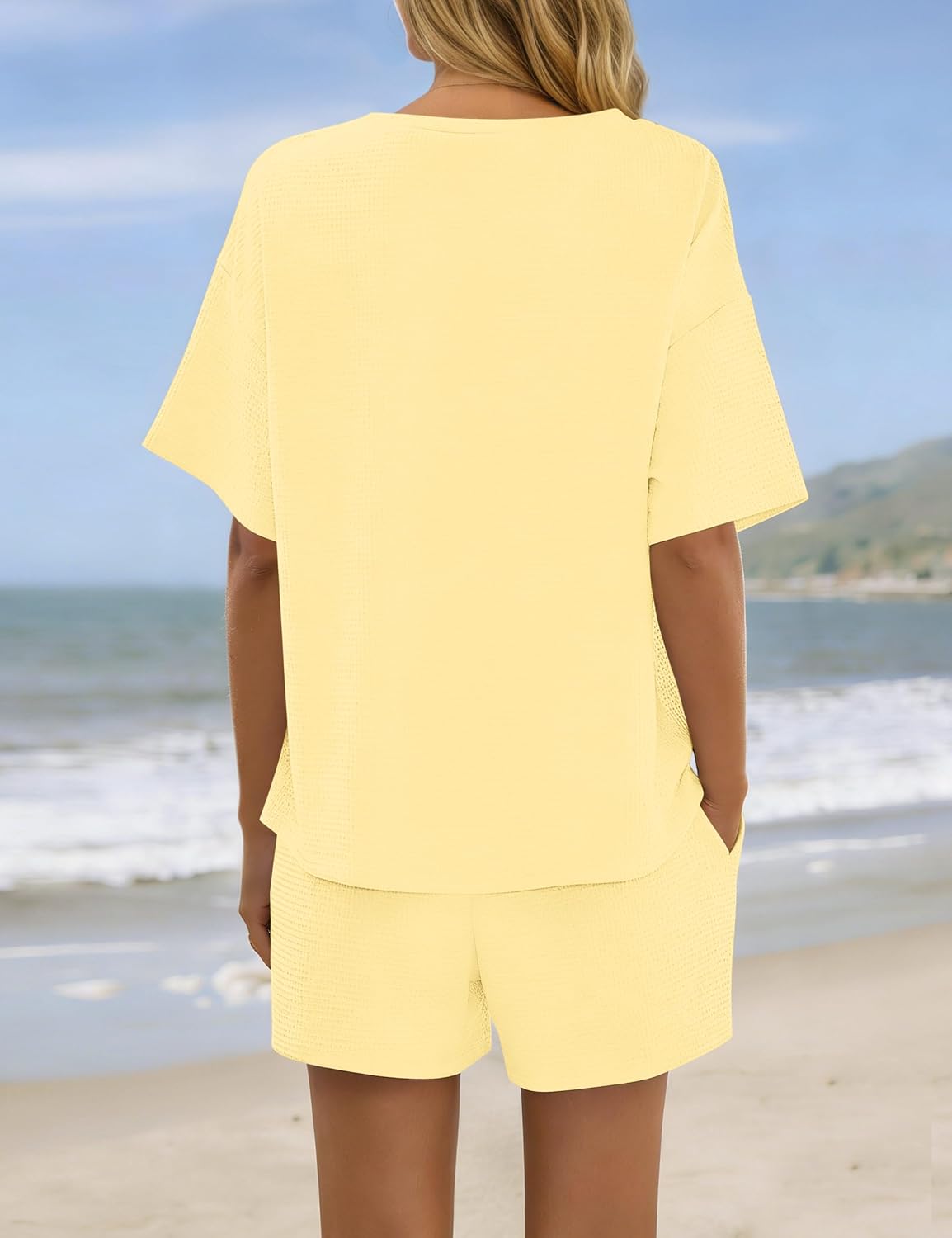 MISSACTIVER Waffle Knit 2 Piece Lounge Set Women Short Sleeve Shirts Shorts Sets Loose Fit Casual Summer Matching Outfits