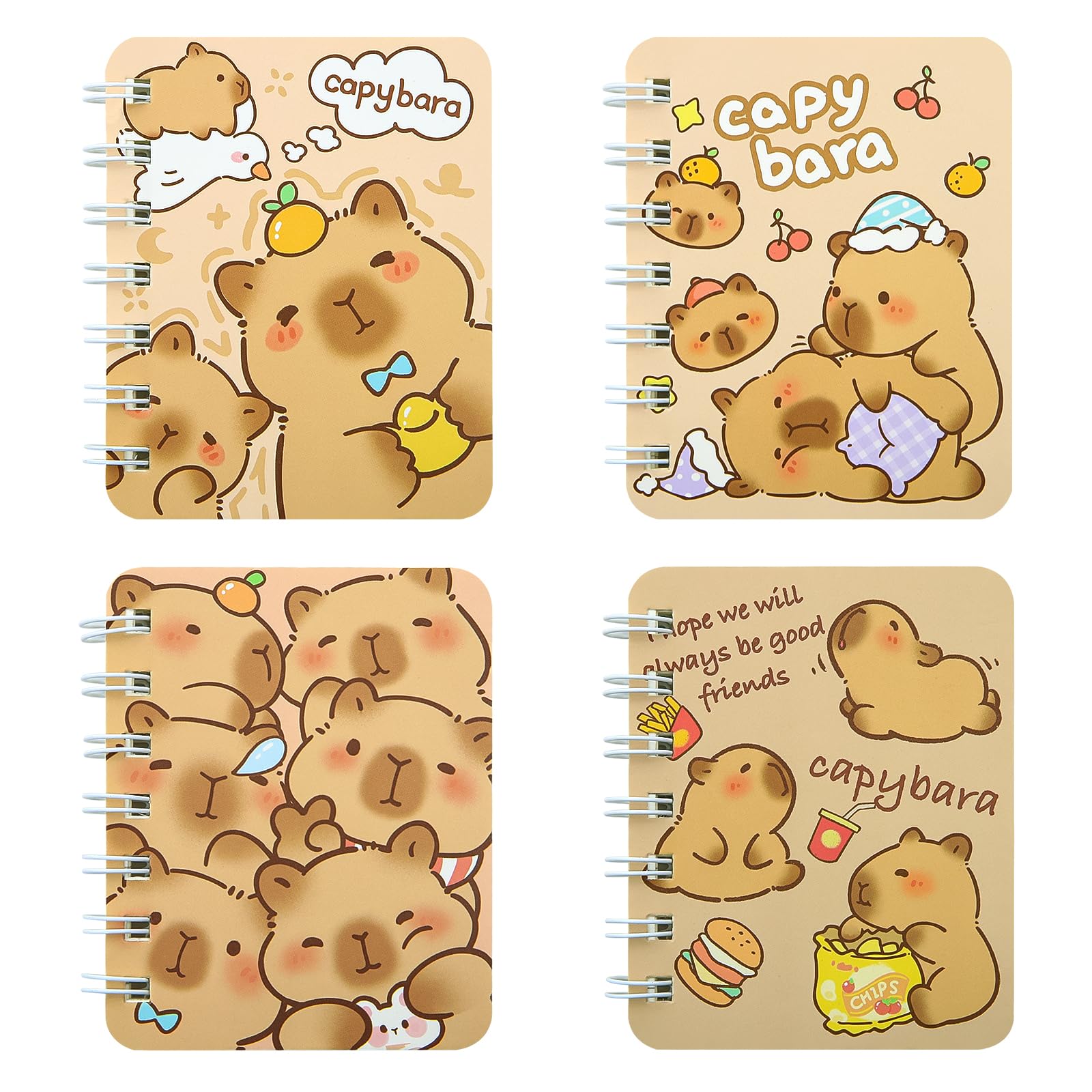 4 Packs Capybara Mini Spiral Notebooks, A7 3.2" x 4.1" Cute Waterproof Pocket Notepads Journal Memo Pads for Birthday Party Favors Birthday Gifts Stocking Stuffers School Kids Students Rewards