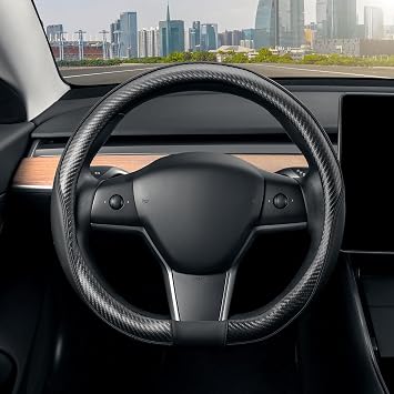 SEG Direct D Shaped Steering Wheel Cover Carbon 14-14.25 in. for Model 3/Y | For Camaro D Cut Flat Bottom 35.5-36cm, Heavy-Duty, Anti-Slip Grip, Black Microfiber Leather with Carbon Fiber Pattern