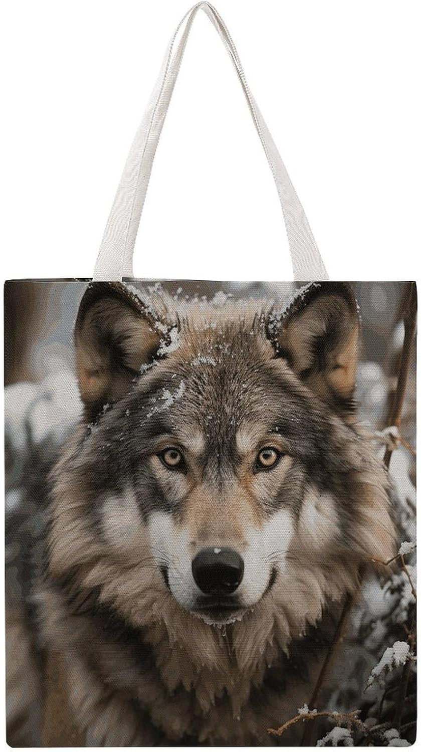 Lmage of Wolf in The Snow Canvas Tote Bag Reusable Grocery Bags Foldable Soft Cotton Shoulder Carry Bag