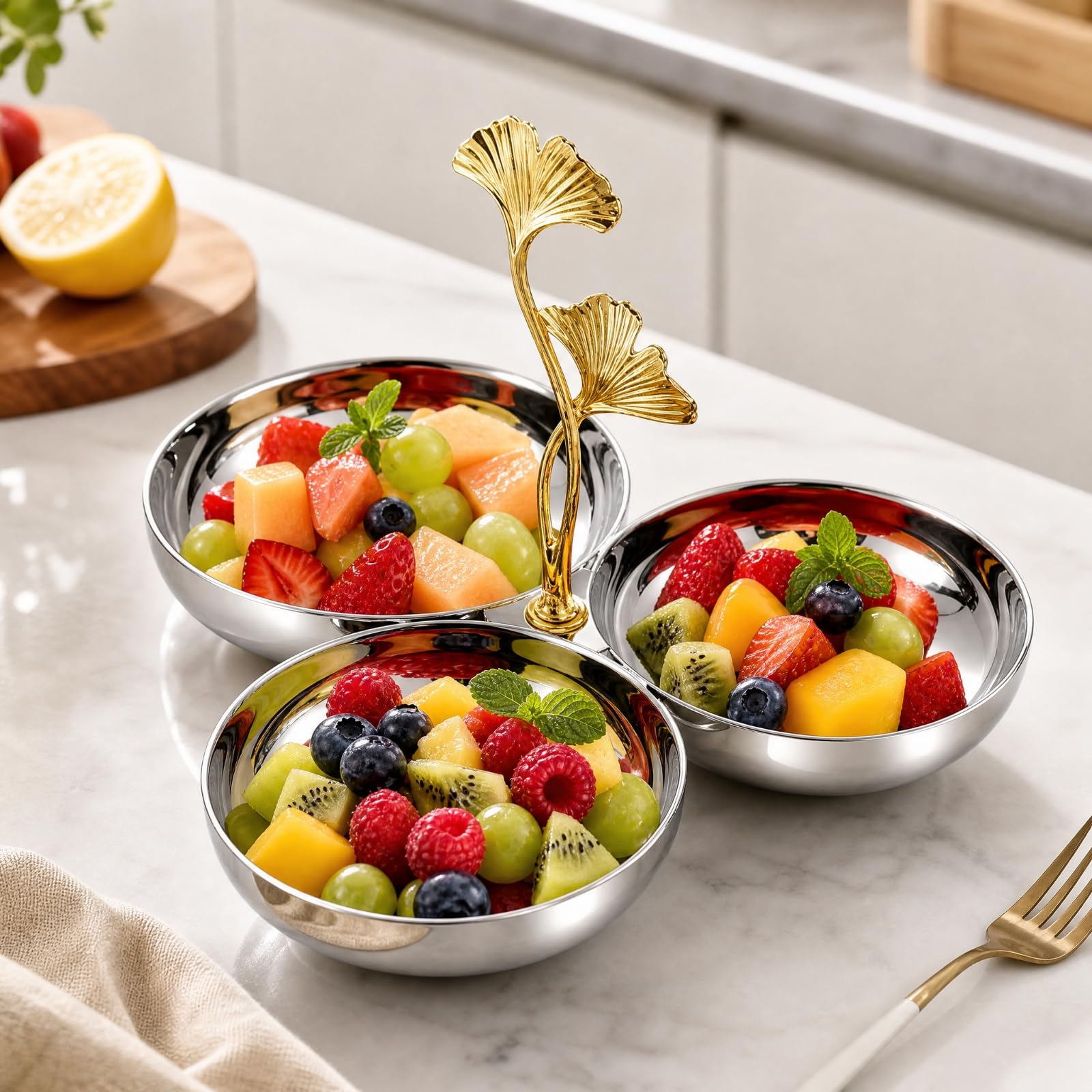rockible Servierschale mit DREI Fächern poliert dreiteilige Snackschale aus rostbeständig Dessertschale mit getrennten Fächern für Familien, Gold