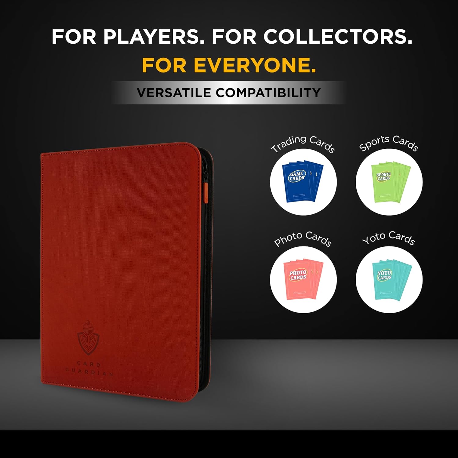 Card Guardian - 9 Pocket Premium Binder with Zipper for 360 cards - side loading pockets for Trading Card Games TCG (Red)