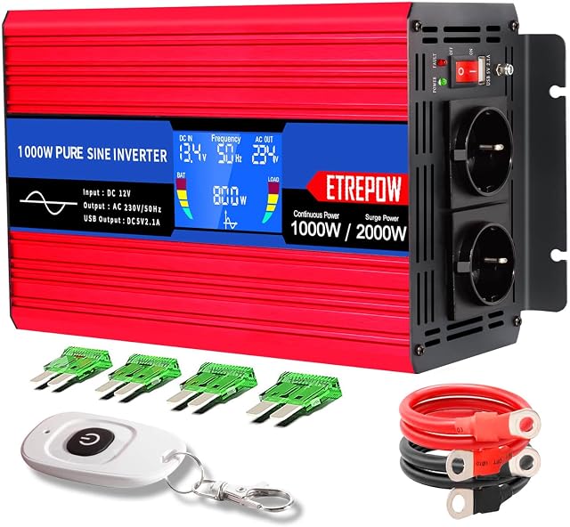 ETREPOW 1000W Przetwornica 12v 230v Czysty Sinus z 2 gniazdami EU i bezprzewodowym pilotem, ekranem LCD, Falownikiem Nadaje się do użytku na zewnątrz, w domu, na kempingu, w kamperze