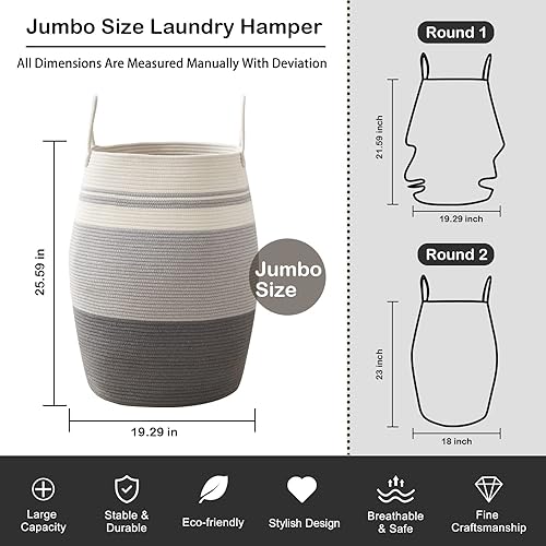 Miniatura 4 de Cesta de lavandería tejida de cuerda grande de 25.6 pulgadas de altura con asas extendidas para almacenamiento de ropa, juguetes en dormitorio,