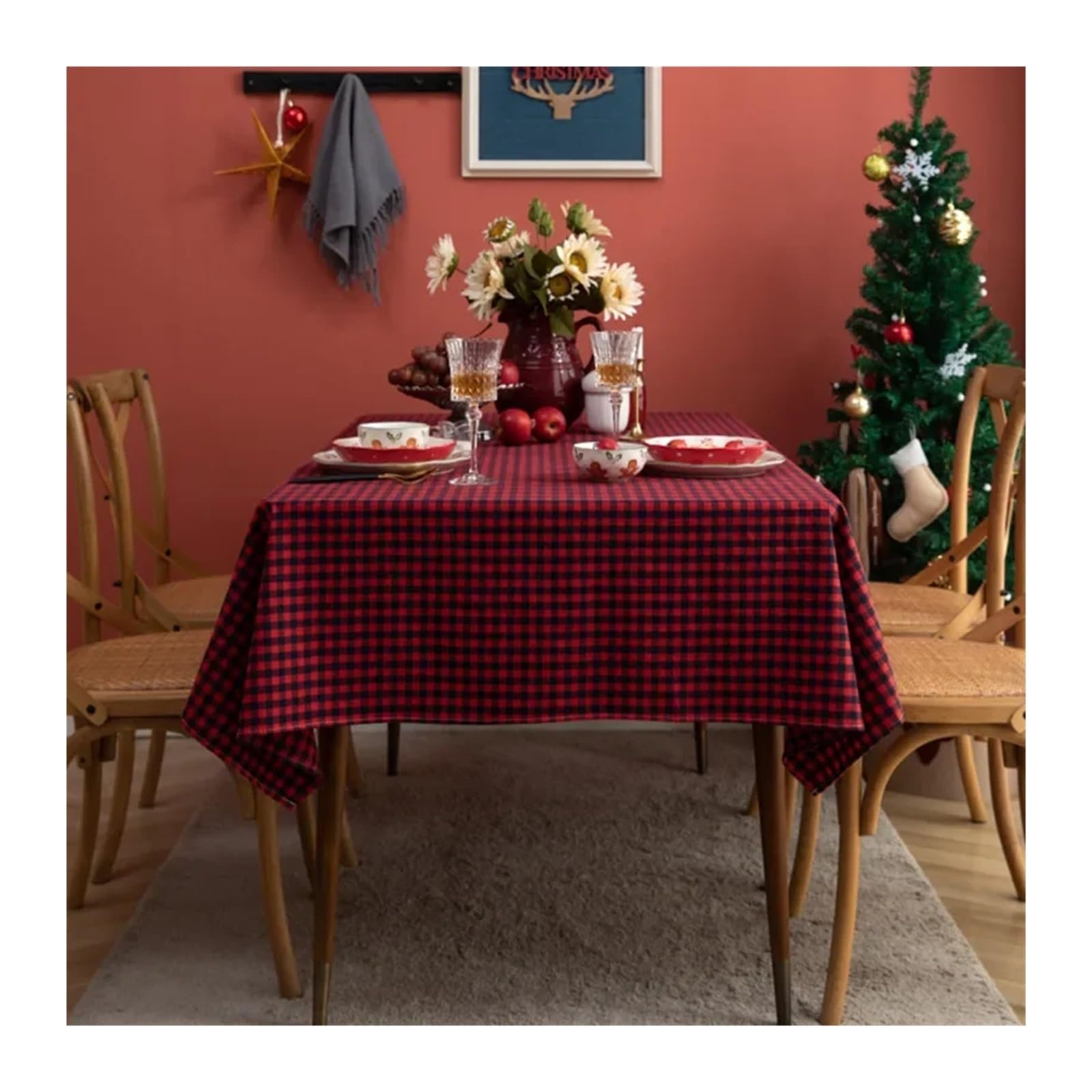 Mantel de Navidad Red Green Plaid Table Cloth Cotton Christmas Party Rectangle Tablecloth Dining Cover For Picnic BBQ Home Decor Mantel Mesa(Navy Red Plaid,140x250CM)