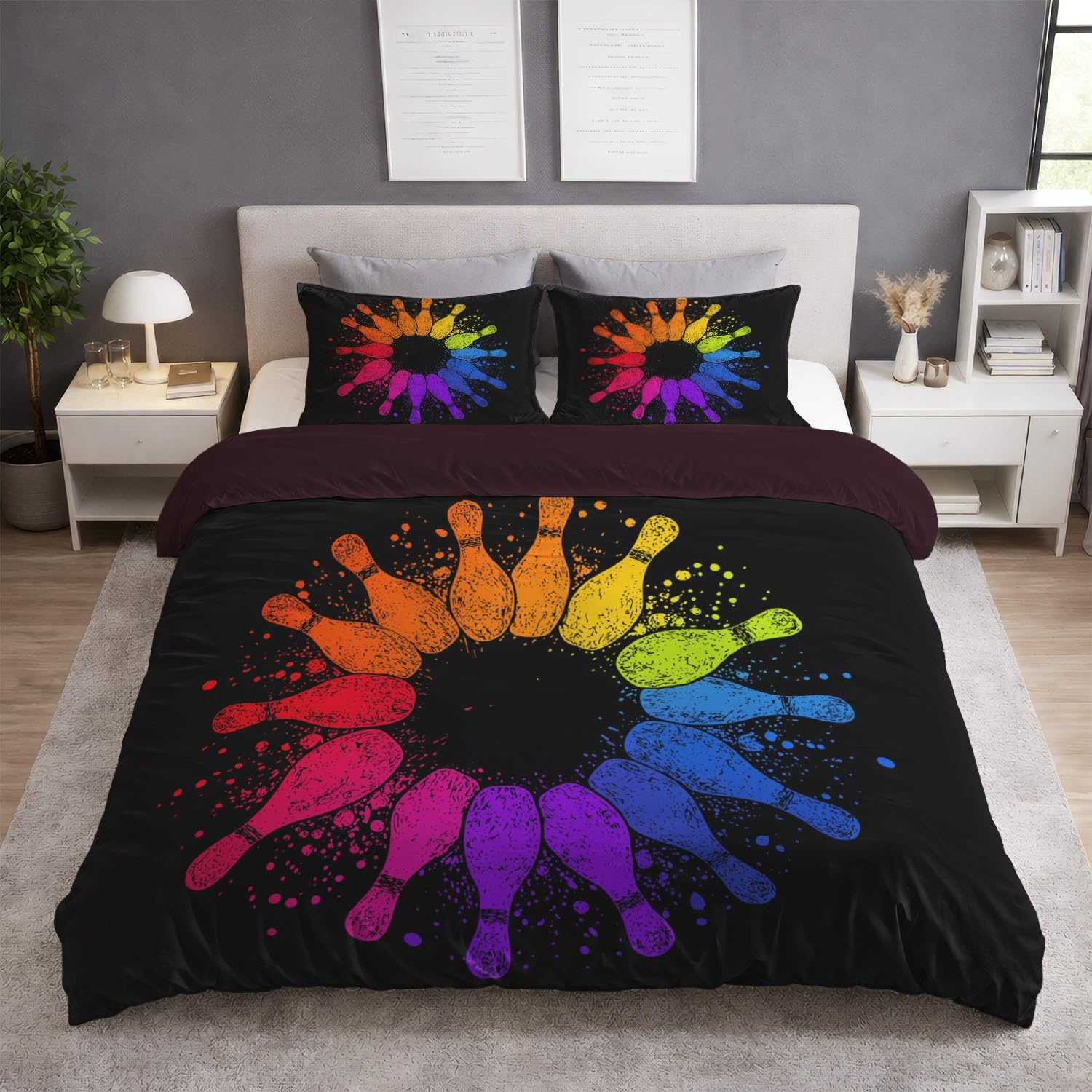 Generisch 3-częściowy komplet pościeli 220 x 240 cm, sportowy stożek do kręgli dla młodych dorosłych, miękka poszewka z mikrofibry z zamkiem błyskawicznym, przyjazna dla skóry, artystyczna, czarna