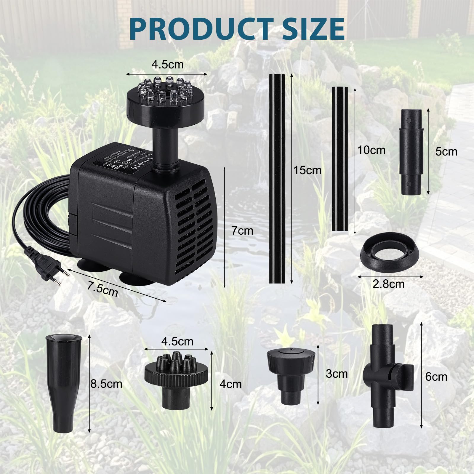 Springbrunnenpumpe Aussen mit LED, 800L/h 16W Wasserspielpumpe Wasserpumpe Fontäne für außen Teichpumpe 3 Düsenim, Teich Springbrunnen für Gartenteich, Wasserfall