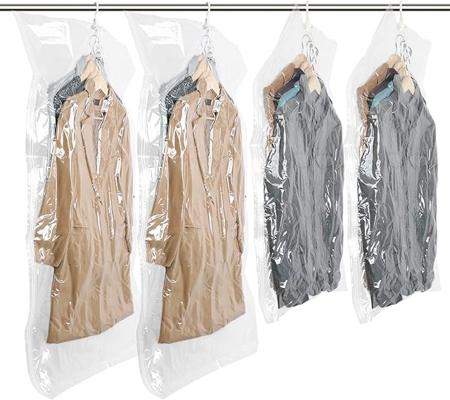 TAILI Hanging Vacuum Storage Bags for Clothes, 4 Packs (2 Long 135x70cm & 2 Short 105x70cm), Vacuum Pack Storage Bags for Suits, Coats, Jackets or Dresses, Closet Organizer Space Saver Vaccum Bags