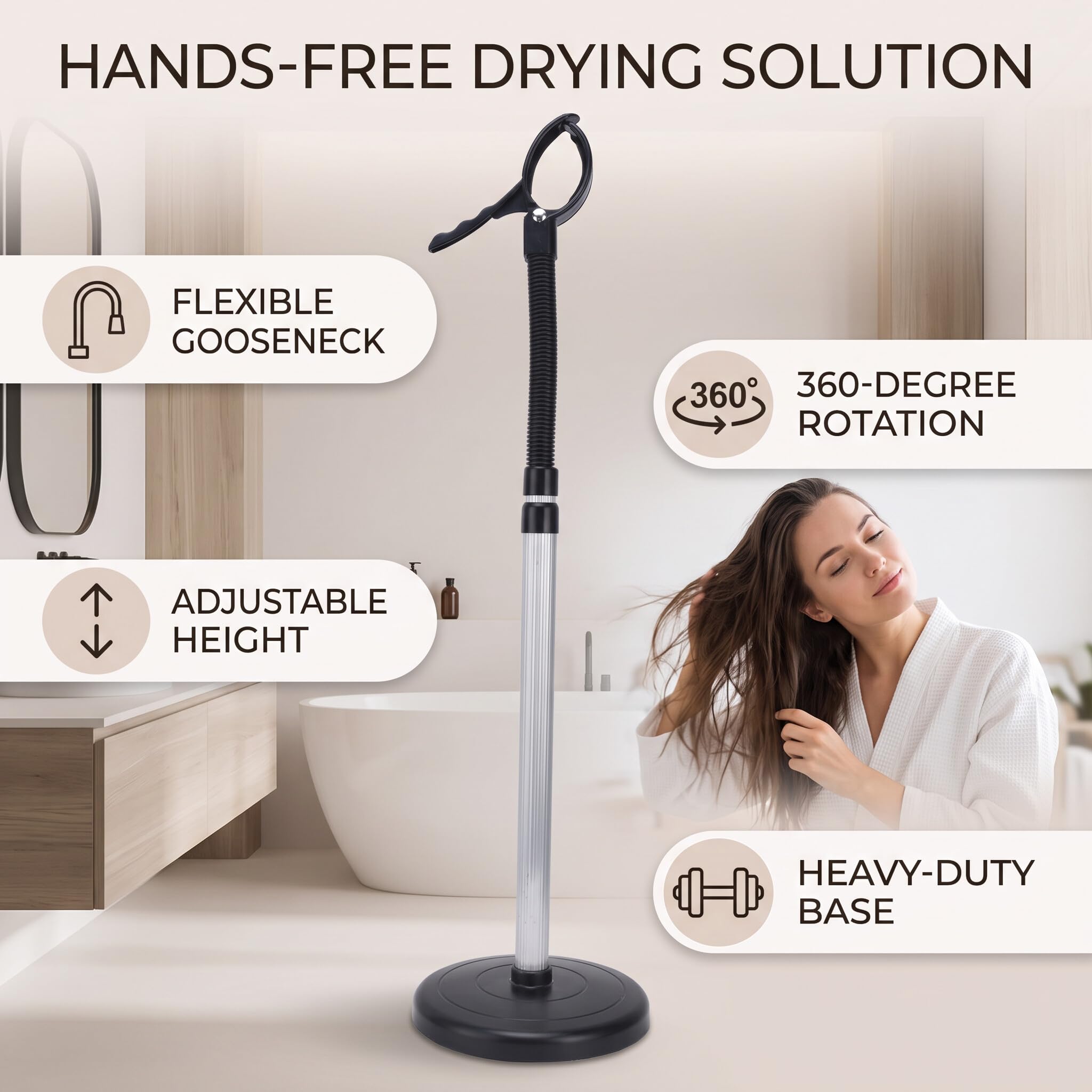 Wakects Porta Asciugacapelli da Tavolo Regolabile e Girevole a 360 Gradi Supporto per Asciugacapelli a Mani Libere per Bagno Barbiere Salone Commerciale 18x68,5-97cm
