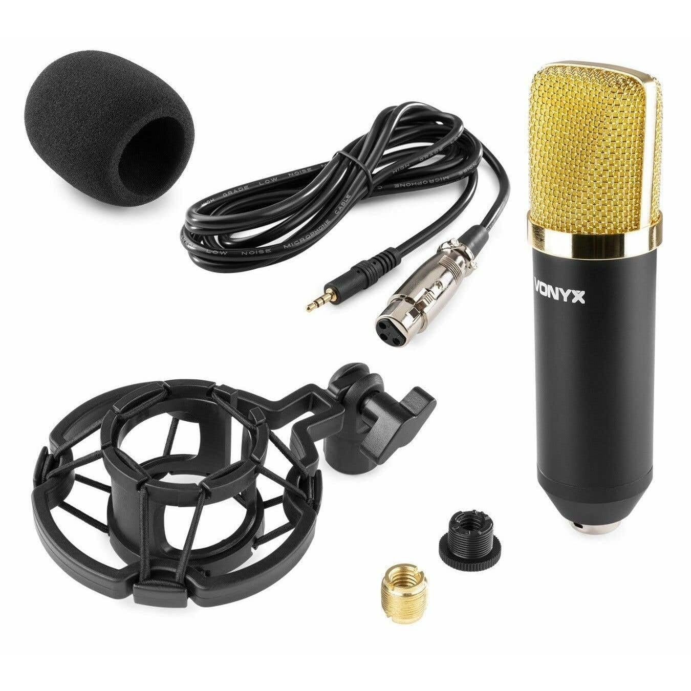 VONYX CM400 Microphone à Condensateur Noir et Or - Microphone de Studio, Grand Diaphragme, pour Chant et Instruments, Faible Distorsion, SPL Élevé, Prise Jack 3,5mm, Idéal pour Studio et Streamer
