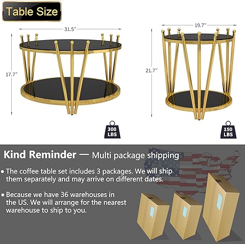 Miniatura 3 de Juego de 3 mesas de centro de cristal negro de lujo, mesa auxiliar redonda dorada moderna para sala de estar, diseño de corona de acero inoxidable,