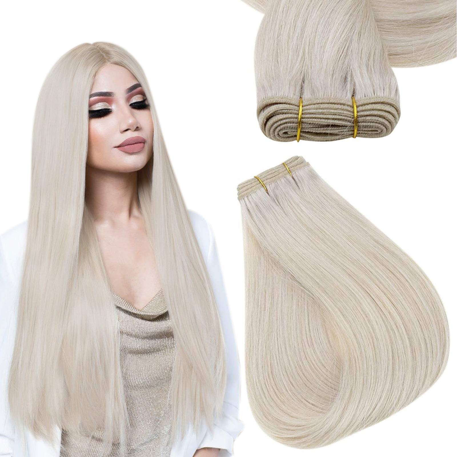 Easyouth 22 Inch Weft Hair Extensions Human Hair Blonde Sew in Hair Extensions Real Human Hair White Blonde Soft and Smooth Human Hair Extensions Sew in for Women 100G