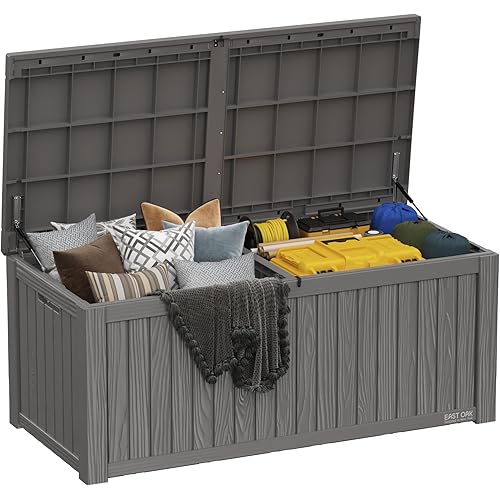 EAST OAK Outdoor Storage Box, 150 Gallon Deck Box, Large Resin Storage Bin for Patio Cushions, Gardening Tools, Lockable, Waterproof and UV Resistant, Grey