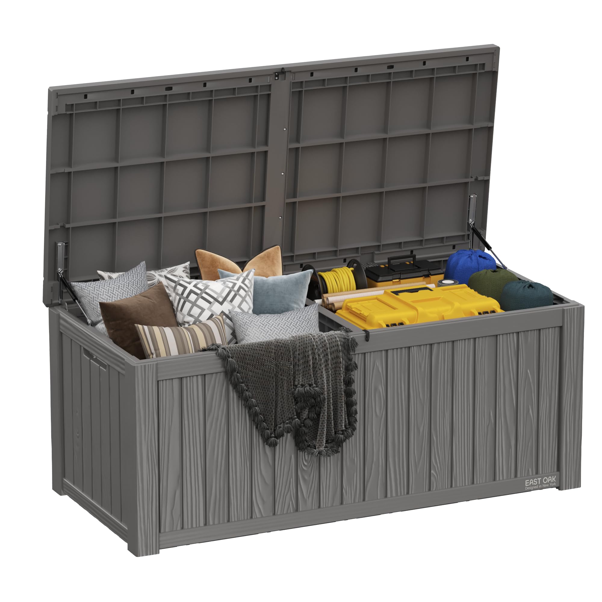 EAST OAK Outdoor Storage Box, 150 Gallon Deck Box, Large Resin Storage Bin for Patio Cushions, Gardening Tools, Lockable, Waterproof and UV Resistant, Grey