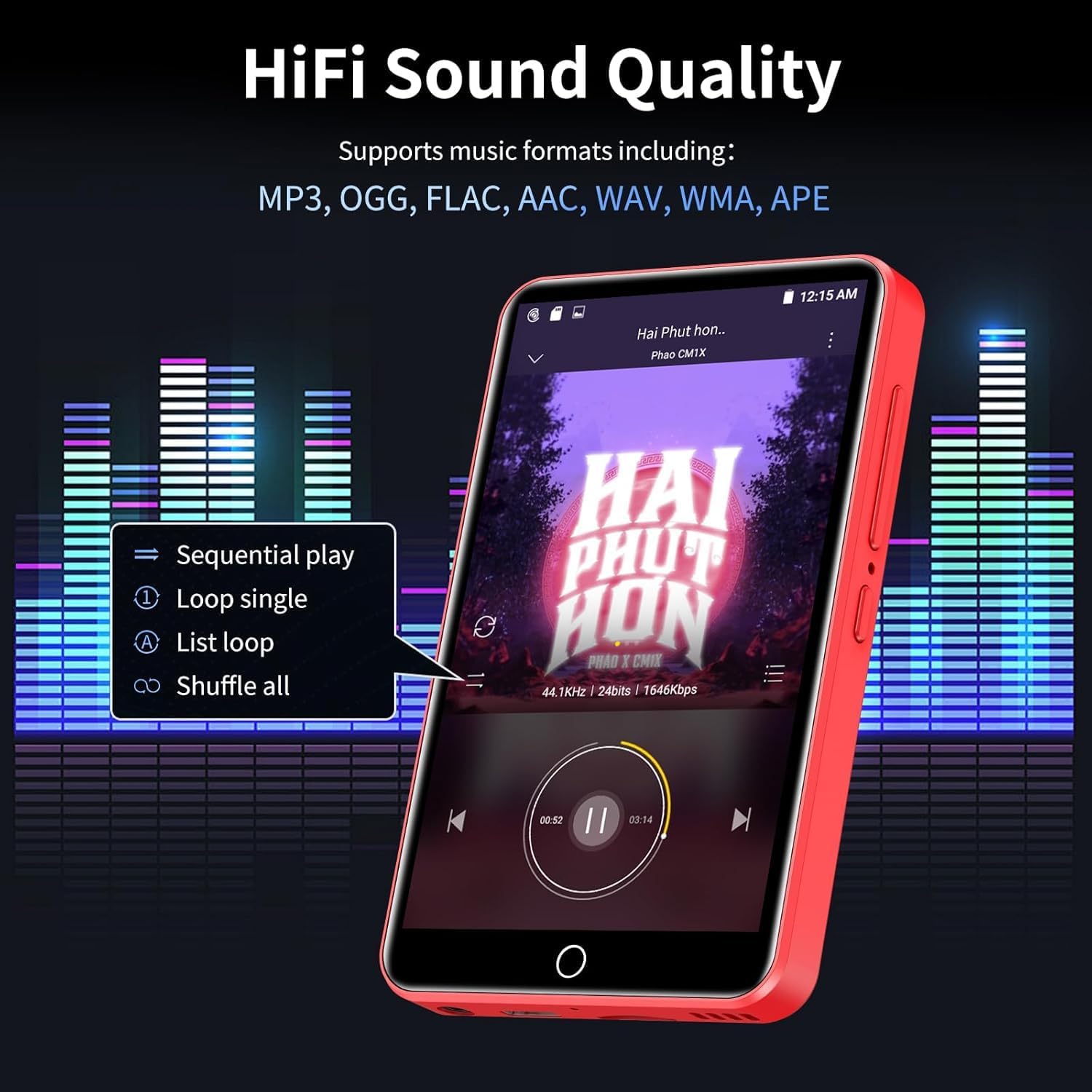 ZAQE MP3 Player displaying music playback interface with HiFi sound quality