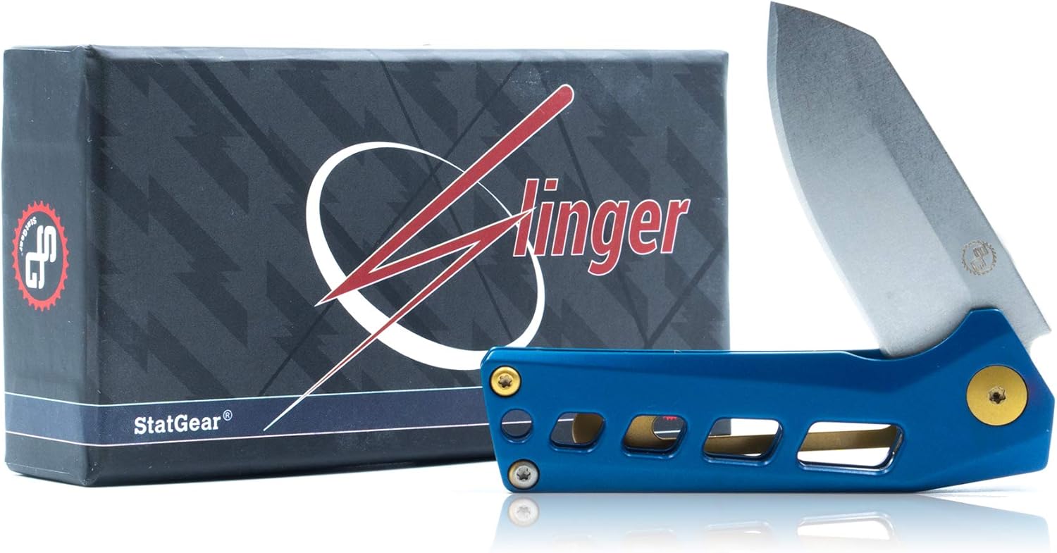 StatGear Slinger Quick-Deploy Pocket Knife - Compact Flipper EDC D2 Steel Blade Stainless Steel Handle Frame-Lock Ball-Bearing Deployment