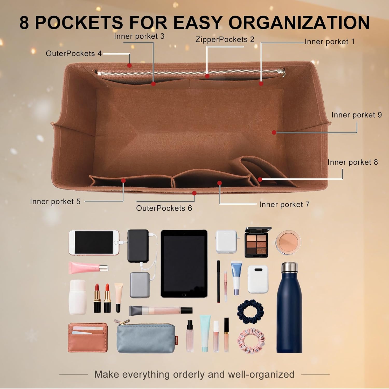 Felt Purse Organizer Insert for Long Champ Travel L,Longchamp-Le Pliage Large Travel Tote Bag Organizer Insert with Zipper Pocket and Cup Holder,9 Compartments,Gold-brown