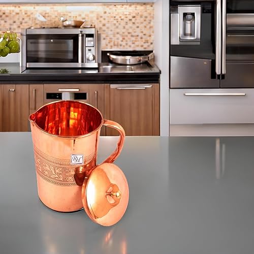 Rastogi Handicrafts Pura de cobre diseñador talla jarra jarra almacenamiento agua potable hogar hotel jardín 59.2 fl oz marrón