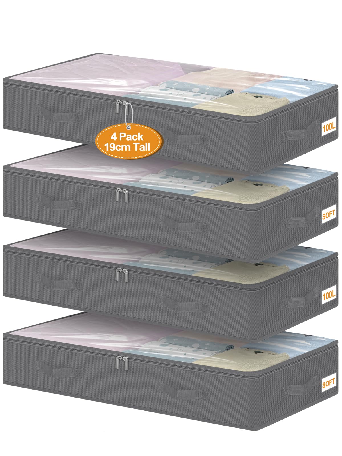 Large Under Bed Storage Box with Lid, 4 Pack 100L Capacity Underbed Storage Bag with Clear Window & Reinforced Handle, Clothes Storage for Bedding, Duvets, and Christmas Decorations (100×50×17 cm)