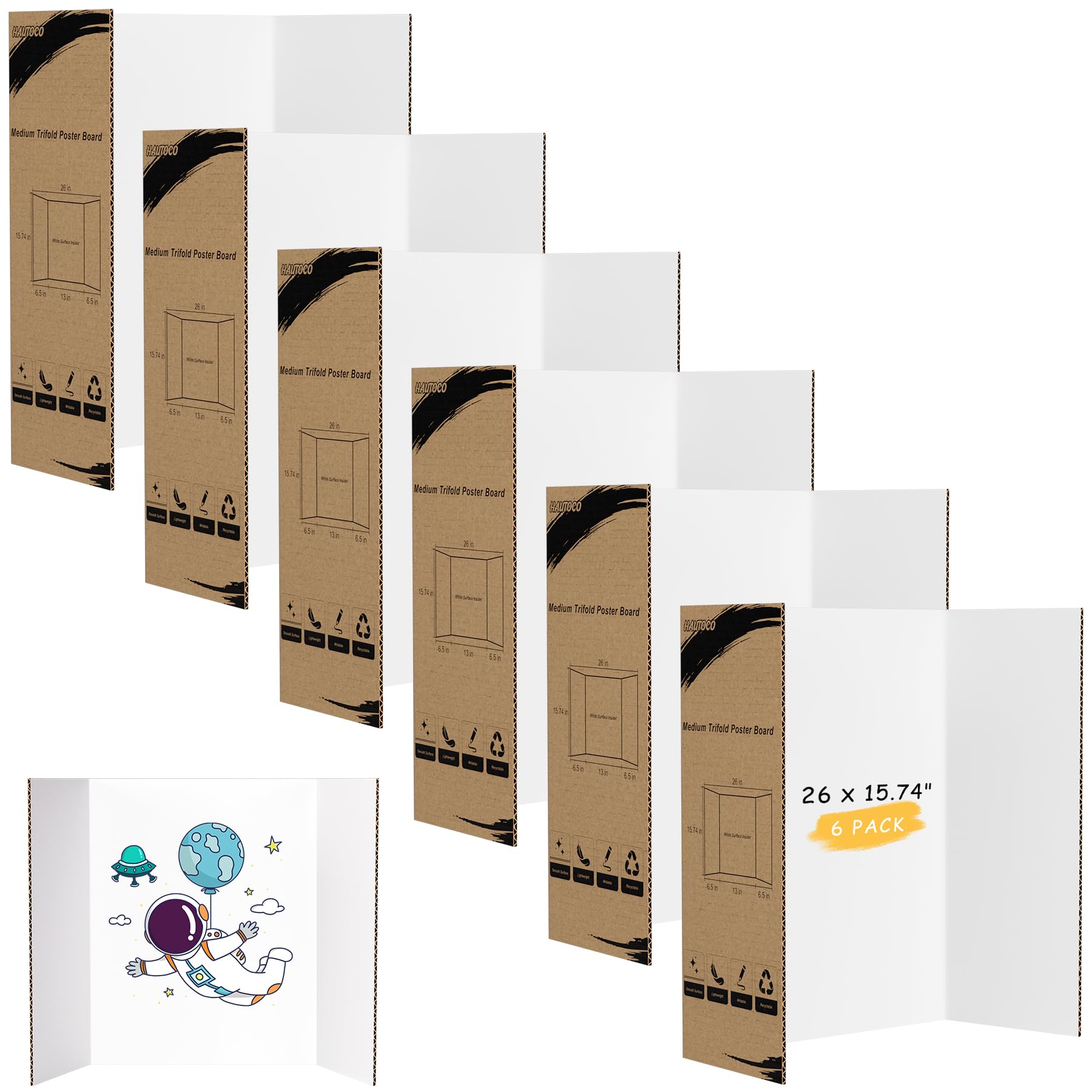 HAUTOCO 6 Pack Trifold Poster Board 26'' x 15.74'' Medium Tri Fold Project Boards White Corrugated Presentation Cardboard for Science Fairs, School