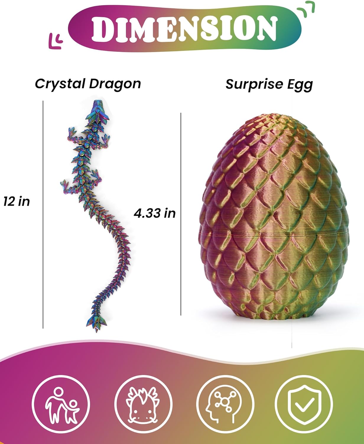12" 3D Printed Dragon Easter Eggs with Dragon Inside, Prefilled Easter Dragon Egg with Dragon Toy for Basket Stuffers,Articulated Crystal Dragon Fidget Toy, 3D Printed Easter Gifts for Kids 6-8