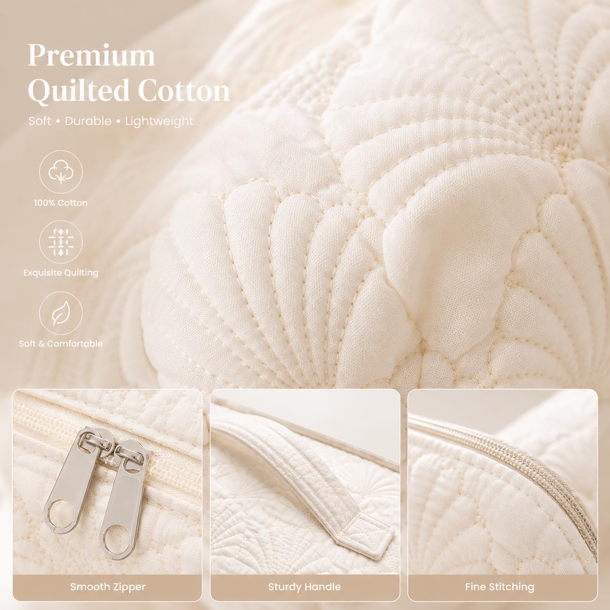 3 Pcs White Shell Quilted Makeup Bag Set - Coquette Cotton Cosmetic Bags for Women, Coastal Makeup Pouch, Large Travel Toiletry Bag for Makeup, Skincare and Purse Essentials