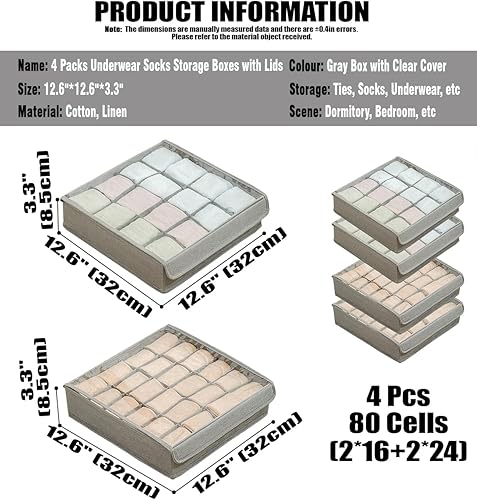 Miniatura 2 de AARAINBOW Paquete de 4 organizadores de almacenamiento de calcetines para ropa interior con tapa, organizador plegable de cajones de armario con