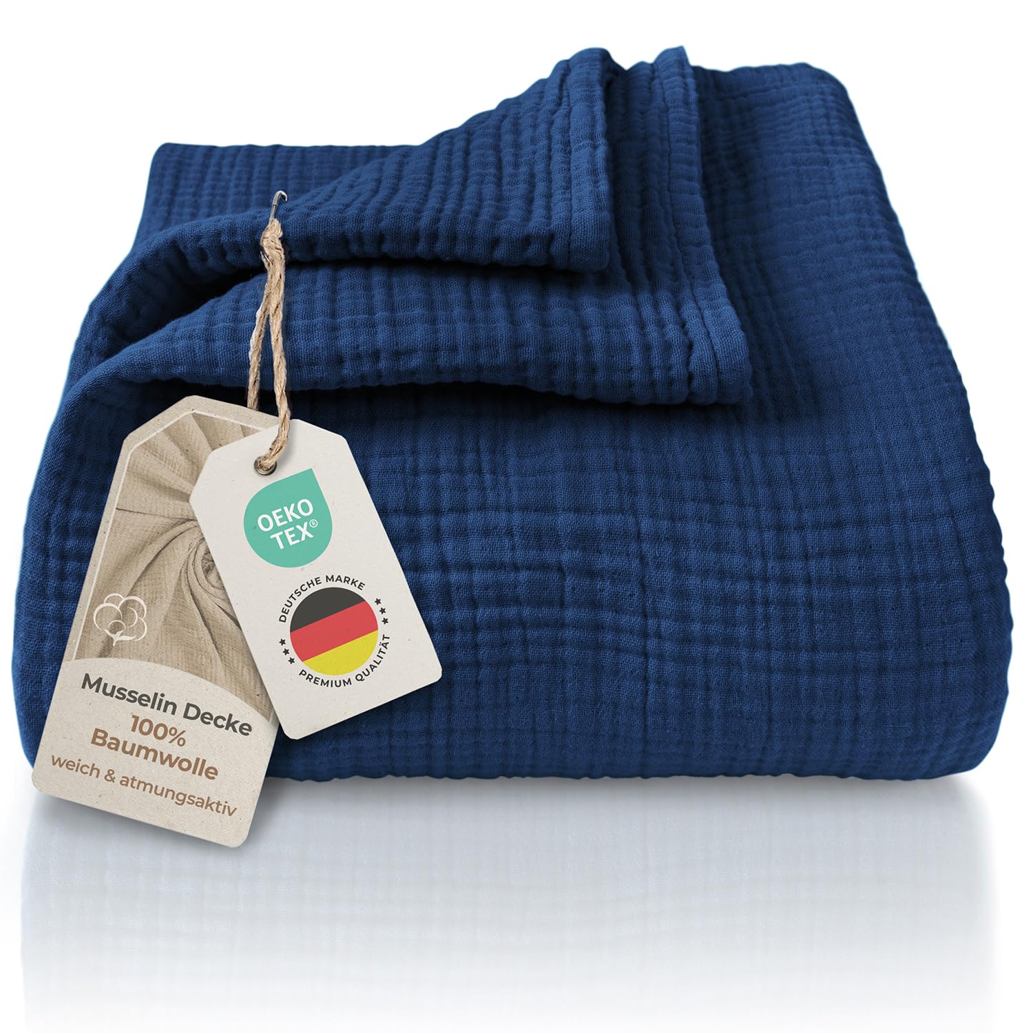 LAYNENBURG Premium Musselin Tagesdecke 180x220 cm - 100% Baumwolle - extraweiche Baumwolldecke als Kuscheldecke, Bett-Überwurf, Sofa-Überwurf, Couch-Überwurf - warme Sofa-Decke (Blau)