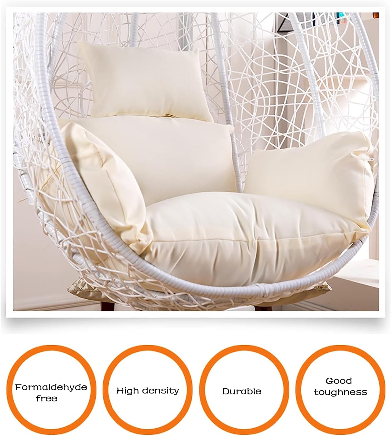 Coussin pour Fauteuil Oeuf Suspendu, Imperméable Siège de Chaise Rembourrage pour Patio Jardin, Balançoire Panier Suspendu Coussin de Siege, avec Appui-tête et ficelles pour Attacher(Color:Off White)