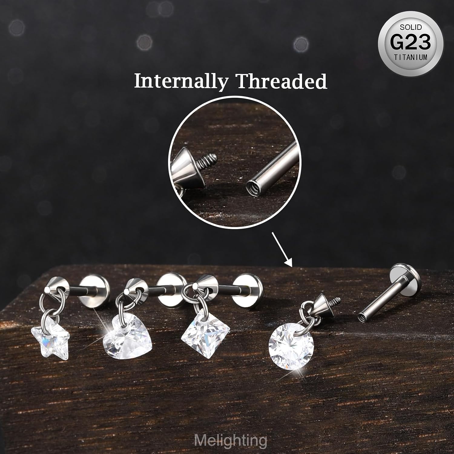 MeIighting Titanium G23 Flat Back Earring 16G Internally Threaded Dangle 6/8 mm Helix Stud Tragus Piercing Jewelry Clear CZ Cartilage Earring Labret Earring for Women