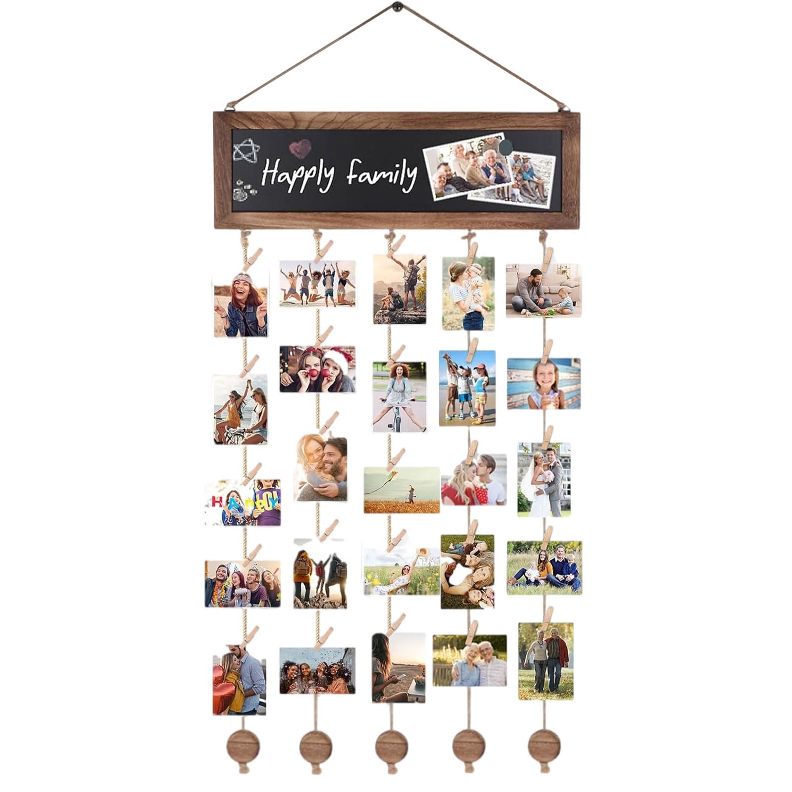 Fotowand mit 30 Clips Bilderrahmen Collage mit Tafel aus Holz | Rustikaler DIY-Stil, Für Wand und Raum Dekoration, Für Weihnachten Geburtstag und Partys