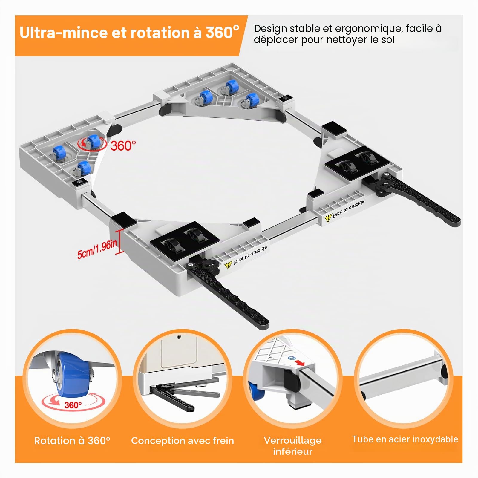 NIUXX Socle Lave Linge avec Roulettes Pivotantes 360° Anti-Vibrations Freins Réglables Taille Ajustable 42-69 cm