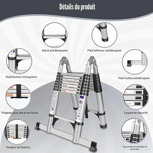 Chanjarhill Échelle Télescopique Pliante en Aluminium 5m Argenté - 3